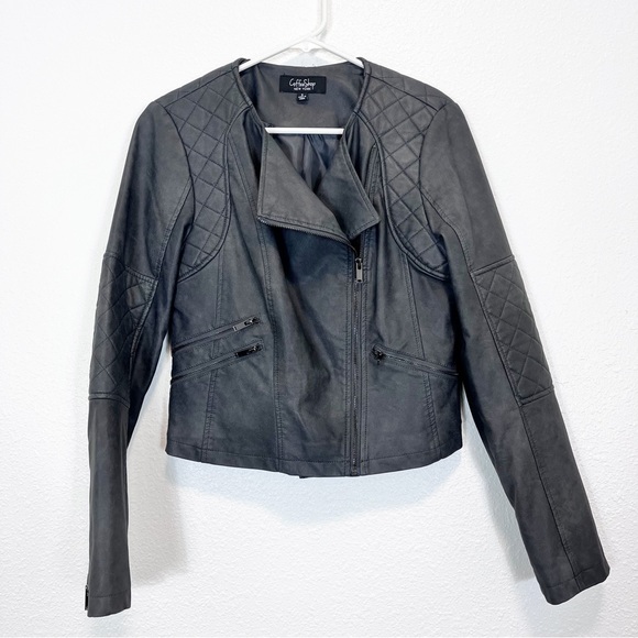 Coffee Shop New York Charcoal Gray Faux Leather Moto Jacket Size Small - Picture 2 of 7